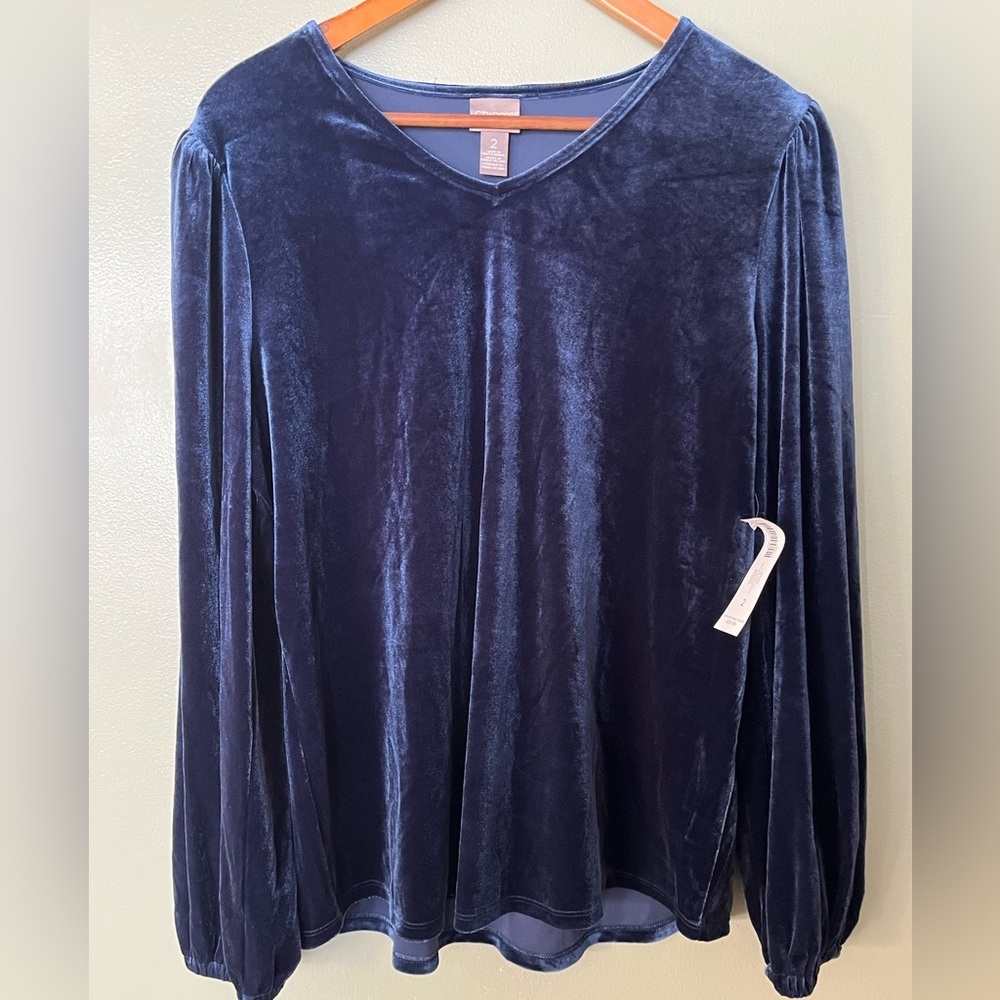 Chico's Velvet Long Sleeve Top - Deep Blue Puff Sleeves Size 2 NWT